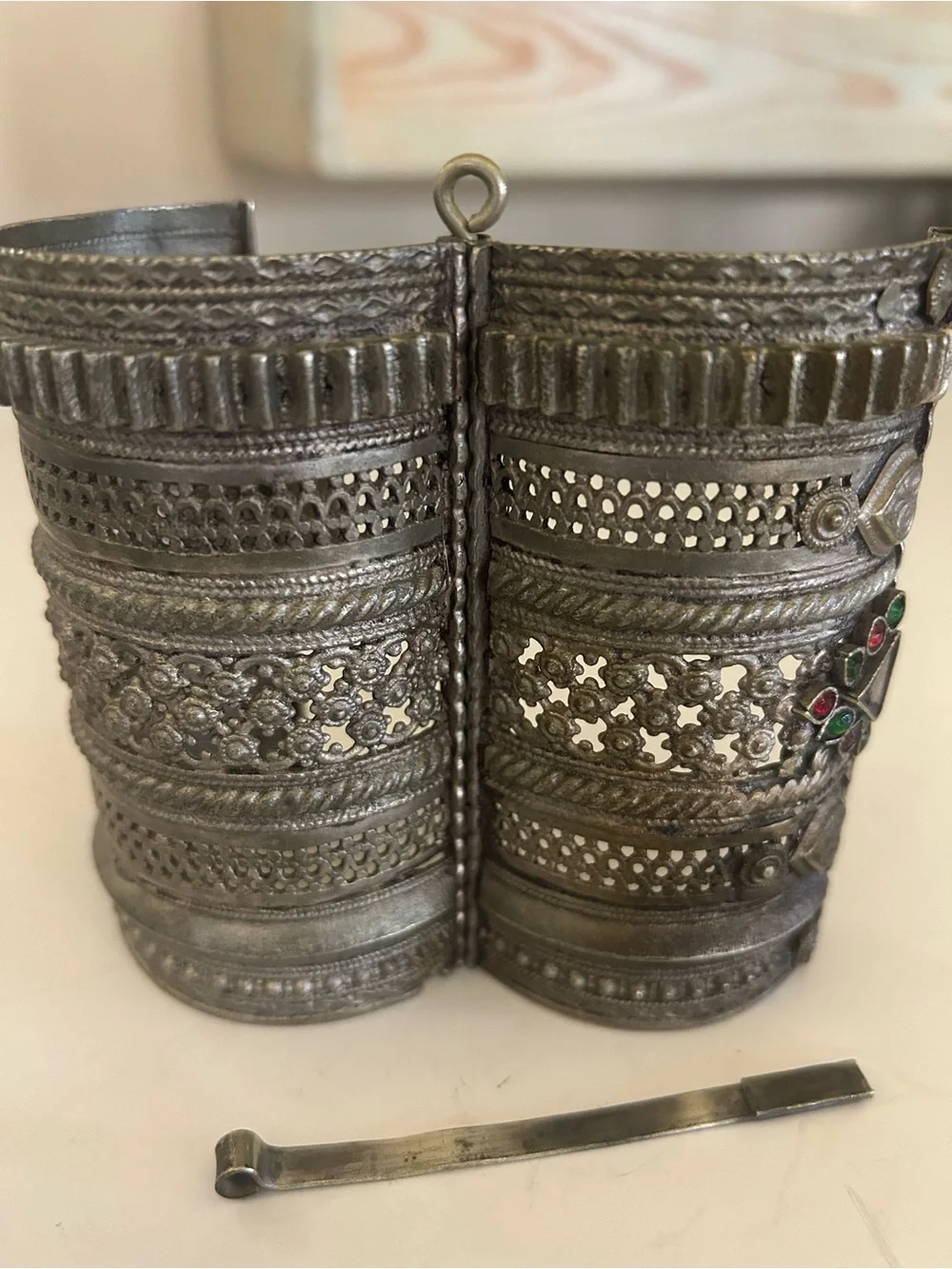 Ornate Silver-Tone Decorative Cuff with Red & Green Stones from India